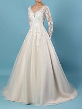 Beaded Court Train V-neck Tulle Ball Gown Wedding Dress