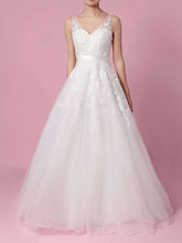 V-neck Tulle Sweep Train Ball Gown Wedding Dress With Beading