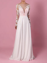 A-Line Illusion Chiffon Wedding Dress with Appliques Lace & Sweep Train