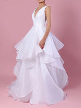 Gorgeous Ball Gown V-neck Organza Wedding Dress with Sweep Train and Cascading Ruffles
