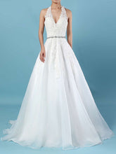 Beaded Halter Tulle Ball Gown Wedding Dress with Sweep Train