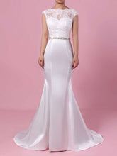 Elegant Trumpet/Mermaid Illusion Lace Satin Sweep Train Wedding Dress With Beading