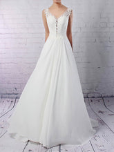 A-line V-neck Chiffon Court Train Wedding Dress with Appliques Lace