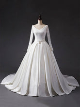 V-neck Lace Satin Chapel Train Wedding Dress with Sashes and Ribbons