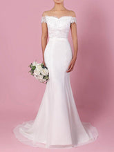 Trumpet/Mermaid Off-the-shoulder Chiffon Sweep Train Wedding Dresses with Appliques Lace