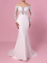 Gorgeous Trumpet/Mermaid Satin Chiffon Wedding Dress With Appliques Lace and Off-the-shoulder Sweep Train