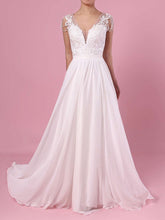 A-line V-neck Chiffon Sweep Train Wedding Dress With Beading
