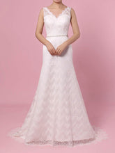 Trumpet/Mermaid V-neck Lace Sweep Train Wedding Dress With Sashes/Ribbons