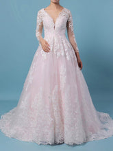 Elegant Ball Gown V-neck Tulle Sweep Train Wedding Dress With Appliques Lace