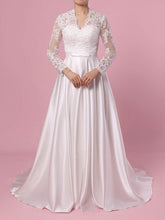 Stunning V-neck Ball Gown Satin Wedding Dress with Appliques Lace and Sweep Train