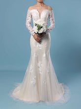 Stylish Trumpet/Mermaid Tulle Wedding Dress with Off-the-shoulder and Beading Details