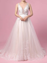 V-neck Ball Gown Tulle Wedding Dress with Beading and Sweep Train