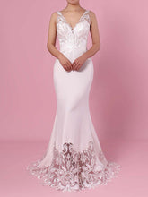 V-neck Tulle Silk-like Satin Sweep Train Trumpet/Mermaid Wedding Dress