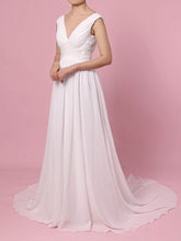 A-line V-neck Chiffon Sweep Train Wedding Dresses with Beading