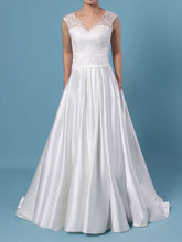 V-neck Lace Satin Ball Gown Wedding Dress With Pockets & Sweep Train