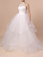 Elegant Halter Ball Gown Wedding Dress with Tulle Tiered Sweep Train