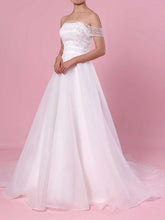Off-the-shoulder Organza Ball Gown Wedding Dress with Sequins and Sweep Train