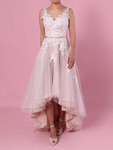 A-line V-neck Tulle Asymmetrical Wedding Dress With Appliques Lace