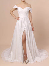 A-line Chiffon Off-the-shoulder Wedding Dress With Split Front and Sweep Train
