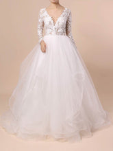 V-neck Organza Ball Gown Wedding Dress with Cascading Ruffles and Sweep Train