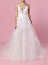 V-neck Tulle Sweep Train Wedding Dress with Appliques Lace