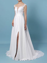 A-line Illusion Chiffon Sweep Train Wedding Dresses with Split Front