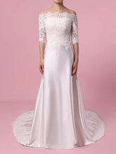 Sheath Column Off-the-shoulder Lace Satin Sweep Train Wedding Dress with Appliques Lace