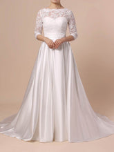 Elegant Ball Gown Illusion Lace Satin Sweep Train Wedding Dresses With Pockets