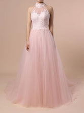 Elegant Halter Tulle Wedding Dress With Appliques Lace and Sweep Train