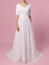 A-line V-neck Lace Chiffon Sweep Train Wedding Dress with Beading