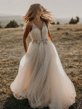V-neck Tulle Floor-length Wedding Dress with Sashes/Ribbons