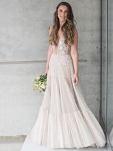 A-line V-neck Tulle Floor-length Wedding Dress with Appliques Lace