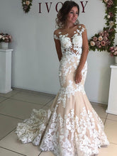 Mermaid Illusion Tulle Wedding Dress with Appliques Lace and Sweep Train