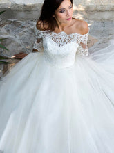 Off-the-shoulder Ball Gown Wedding Dress with Appliques Lace and Tulle Ankle-length