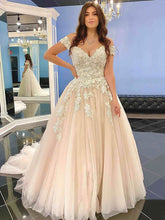 Off-the-shoulder Ball Gown Wedding Dress with Tulle Sweep Train and Lace Appliques