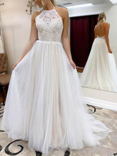A-Line Halter Tulle Sweep Train Wedding Dress with Lace