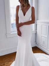 Mermaid V-neck Stretch Crepe Wedding Dress with Buttons and Sweep Train