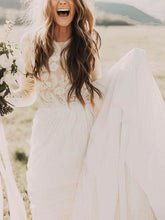 A-line Scoop Neck Tulle Sweep Train Wedding Dress with Appliques Lace