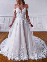 Lace Appliques Court Train Off-the-shoulder Tulle Ball Gown Wedding Dress