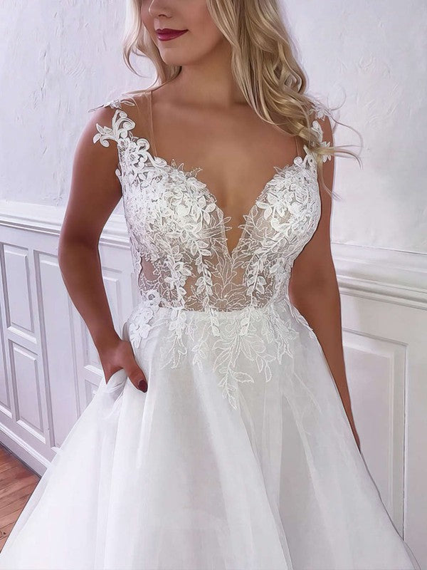 V-neck Tulle Court Train Wedding Dress With Pockets - Ball Gown