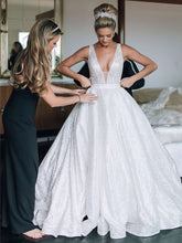 V-neck Glitter Court Train Wedding Dresses With Beading for Ball Gown