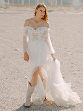 A-line Off-the-shoulder Tulle Wedding Dress with Split Front and Sweep Train