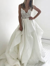 V-neck Satin Court Train Wedding Dress with Cascading Ruffles