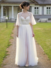 V-neck Tulle Floor-length Wedding Dress with Split Front for Brides