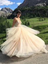 V-neck Tulle Ball Gown Wedding Dress With Lace Appliques and Sweep Train