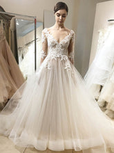 Illusion Tulle Ball Gown Wedding Dress with Appliques Lace and Sweep Train