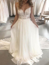 A-line V-neck Chiffon Court Train Wedding Dress With Appliques Lace