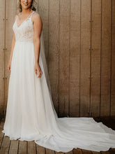 A-line V-neck Chiffon Sweep Train Wedding Dress With Appliques Lace