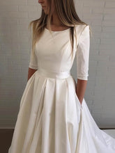 Satin Court Train Wedding Dress With Pockets - Ball Gown Scoop Neck