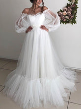 Gorgeous Off-the-shoulder Tulle Court Train Ball Gown Wedding Dress with Ruffles